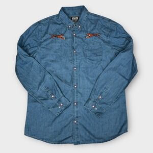 STATE OF FLUX Denim Shirt Mens XL Blue Tiger Embroidery Button Down Long Sleeve